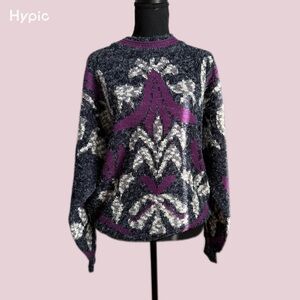 Purple and Black Crew Neck Sweater with Floral Pattern
